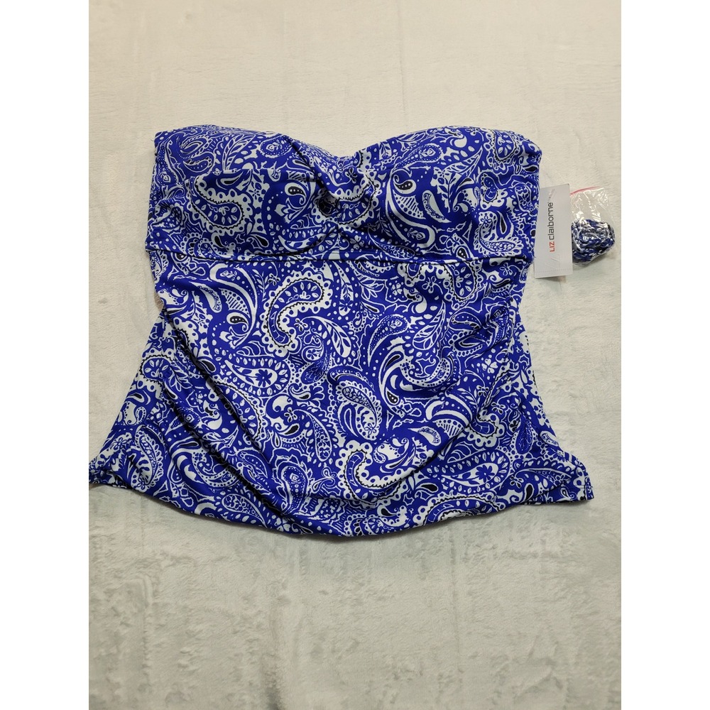 NWT Liz Claiborne Tankini Top Women 14 Blue Paisley Molded Cups Ruched Straps
